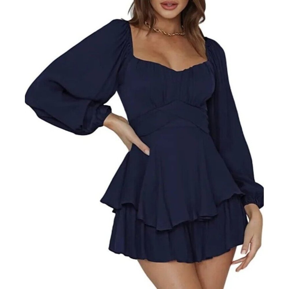 Long Sleeve Ruffle Layer Tie Mini Short Romper Jumpsuit Size S